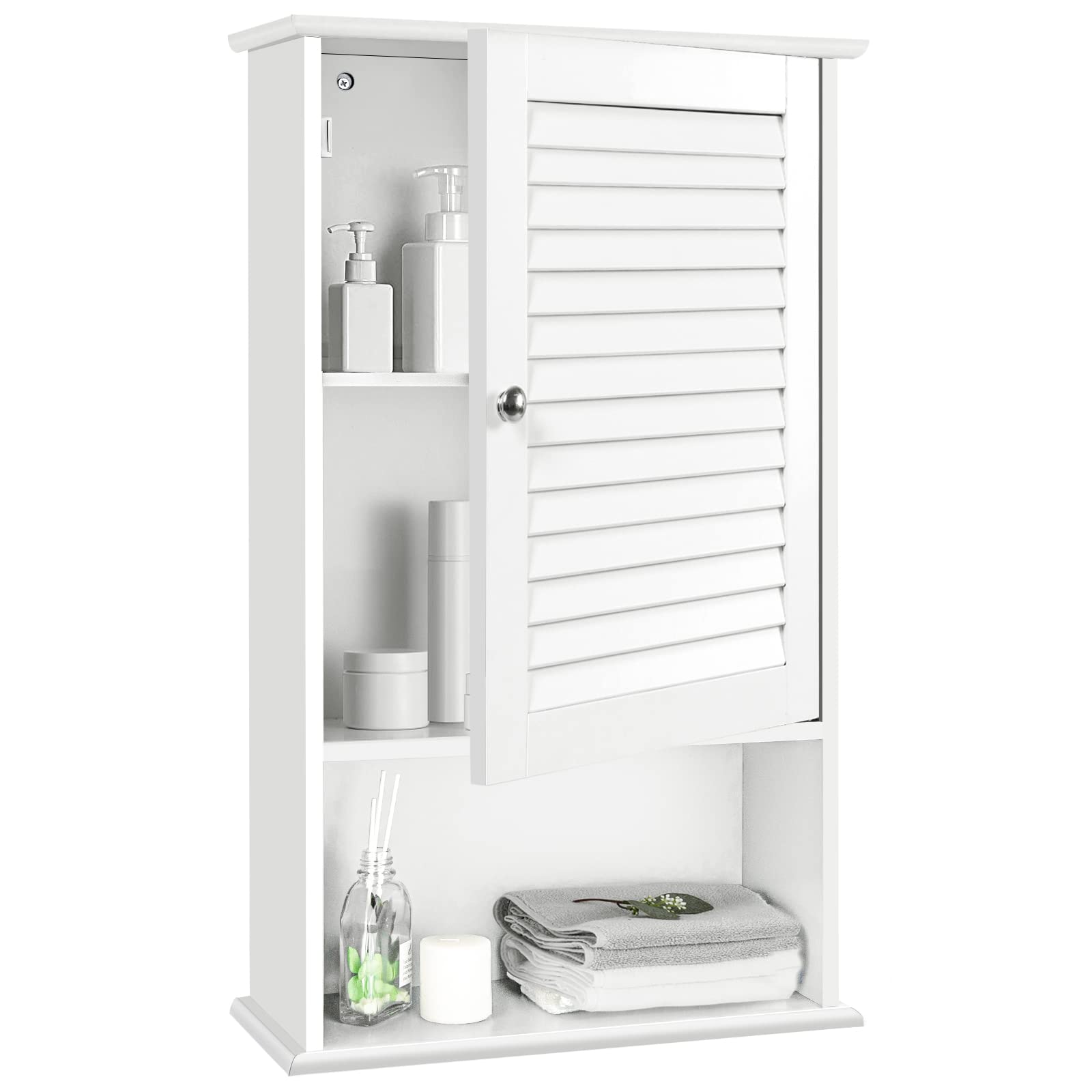 Tangkula Medicine Cabinet, Wall Mounted Bathroom Cabinet Single Door Wooden Bathroom Wall Cabinet with Adjustable Shelf